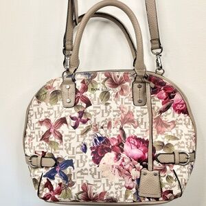 🌸 Dana Buchman Floral Logo Satchel Purse – Beige with Pink & Plum Flowers